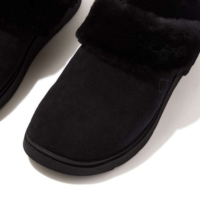 Black Women's FitFlop Gen-Ff Shearling Collar Suede Slippers | 240LHGTZA