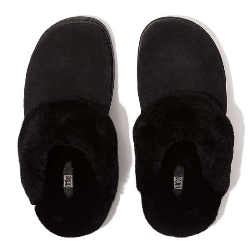 Black Women's FitFlop Gen-Ff Shearling Collar Suede Slippers | 240LHGTZA