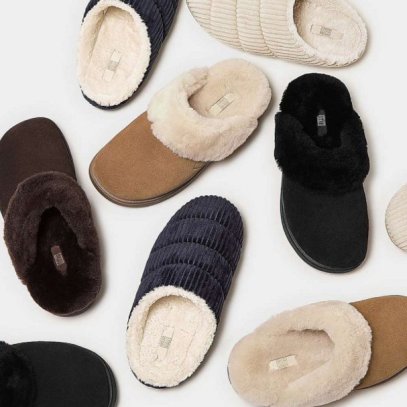 Black Women's FitFlop Gen-Ff Shearling Collar Suede Slippers | 240LHGTZA