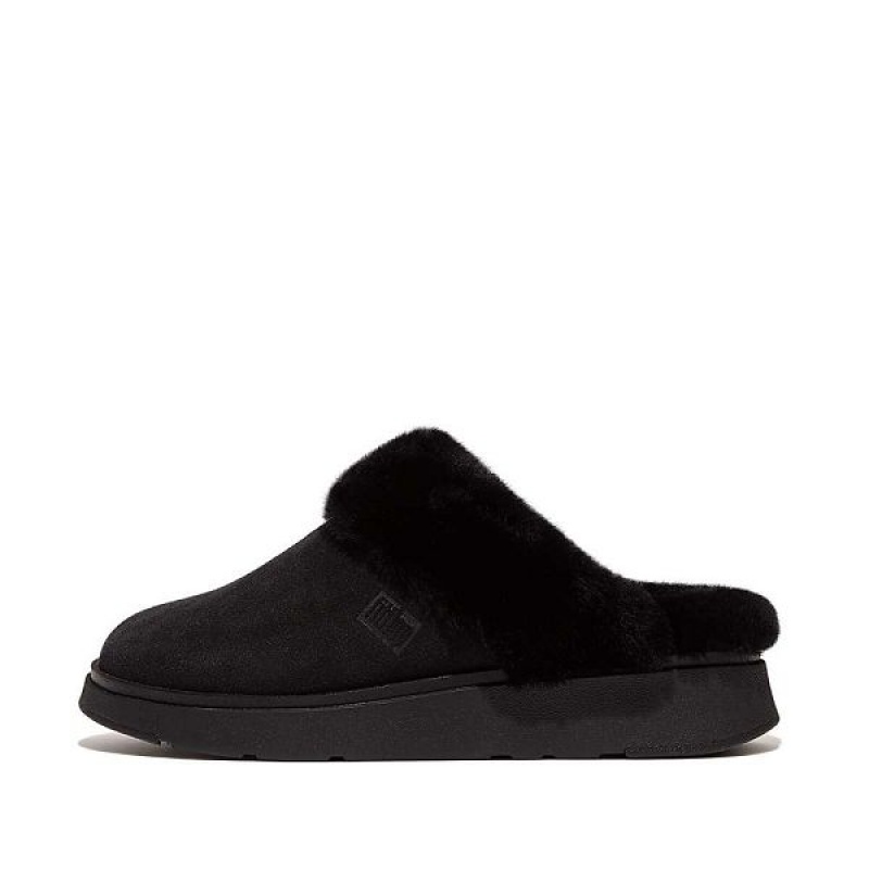 Black Women\'s FitFlop Gen-Ff Shearling Collar Suede Slippers | 240LHGTZA