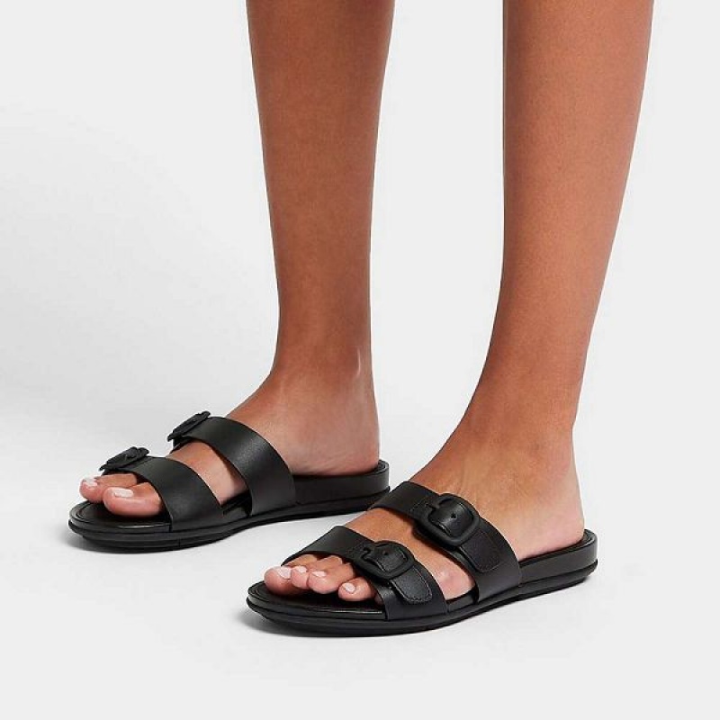 Black Women's FitFlop Gracie Buckle Two Bar Leather Slides | 451GROQJM