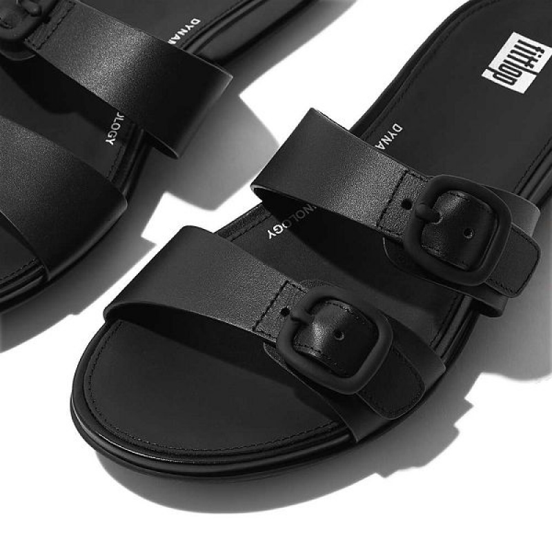 Black Women's FitFlop Gracie Buckle Two Bar Leather Slides | 451GROQJM