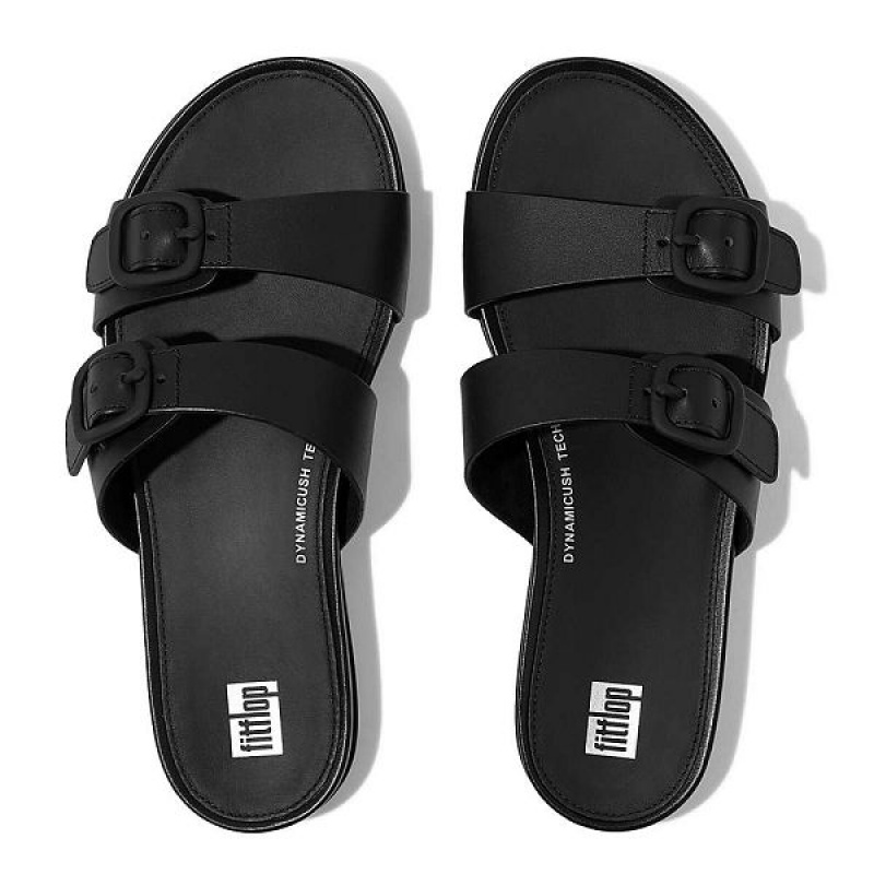 Black Women's FitFlop Gracie Buckle Two Bar Leather Slides | 451GROQJM