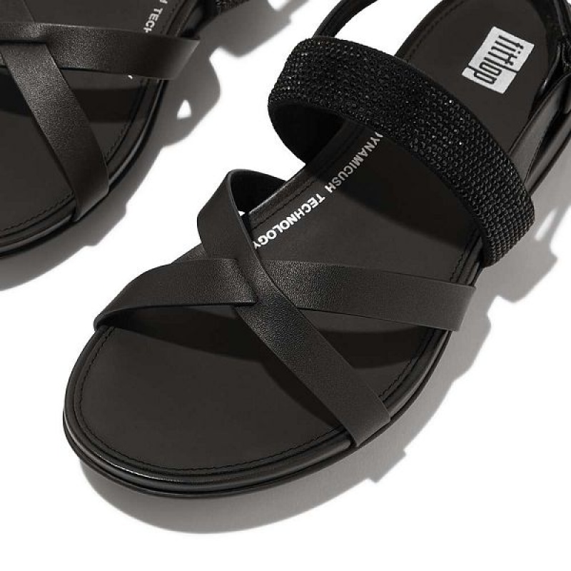 Black Women's FitFlop Gracie Crystal Leather Strappy Back-Strap Sandals | 613HXANYS