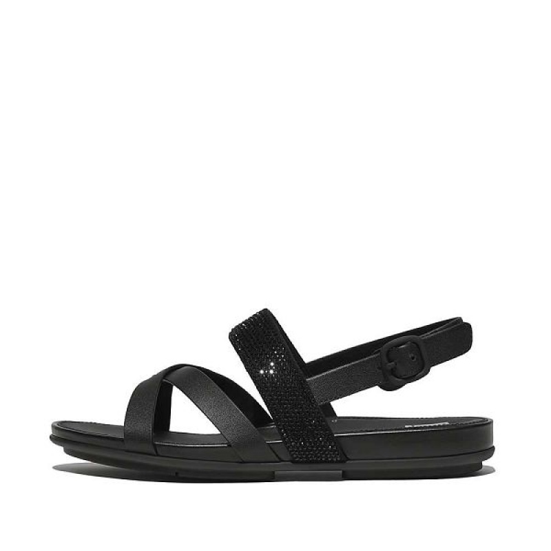 Black Women\'s FitFlop Gracie Crystal Leather Strappy Back-Strap Sandals | 613HXANYS