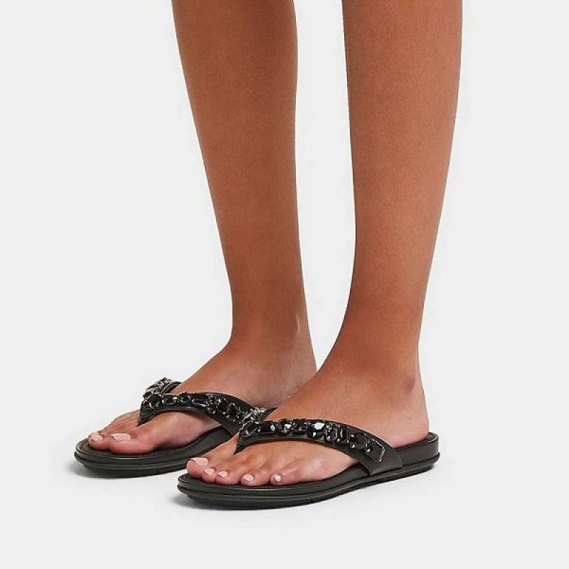 Black Women's FitFlop Gracie Jewel Deluxe Leather Flip Flops | 732FOYHBU