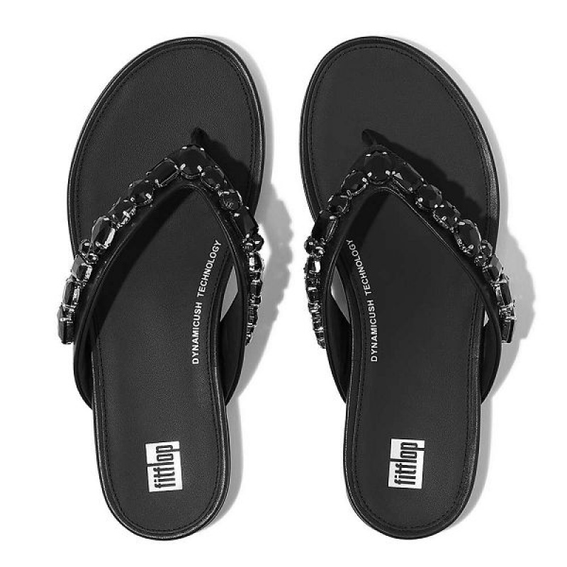 Black Women's FitFlop Gracie Jewel Deluxe Leather Flip Flops | 732FOYHBU