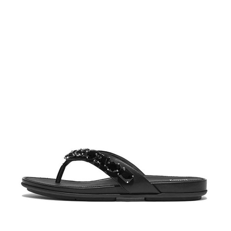 Black Women\'s FitFlop Gracie Jewel Deluxe Leather Flip Flops | 732FOYHBU