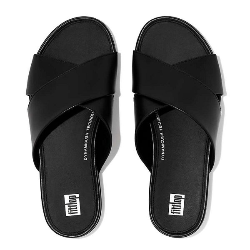 Black Women's FitFlop Gracie Leather Cross Slides | 704YHEWZM