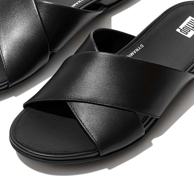 Black Women's FitFlop Gracie Leather Cross Slides | 704YHEWZM