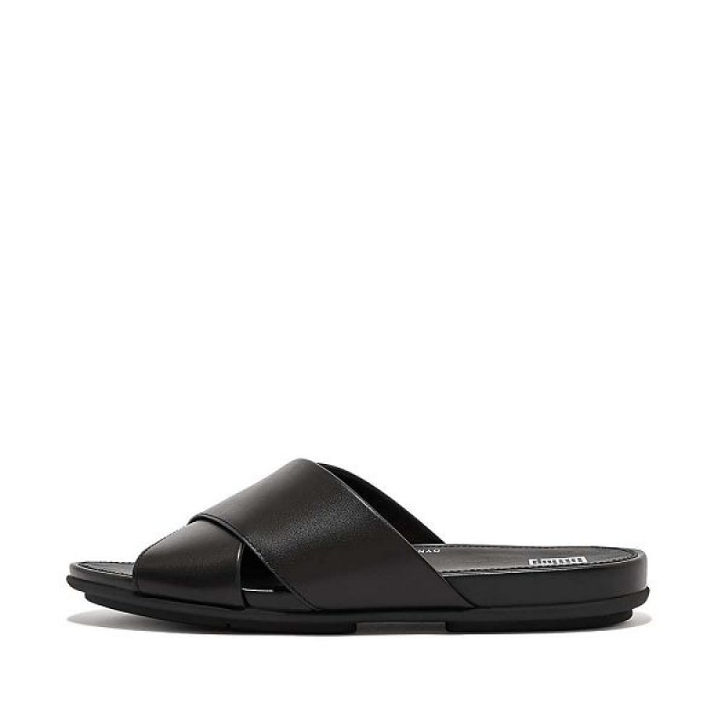 Black Women\'s FitFlop Gracie Leather Cross Slides | 704YHEWZM