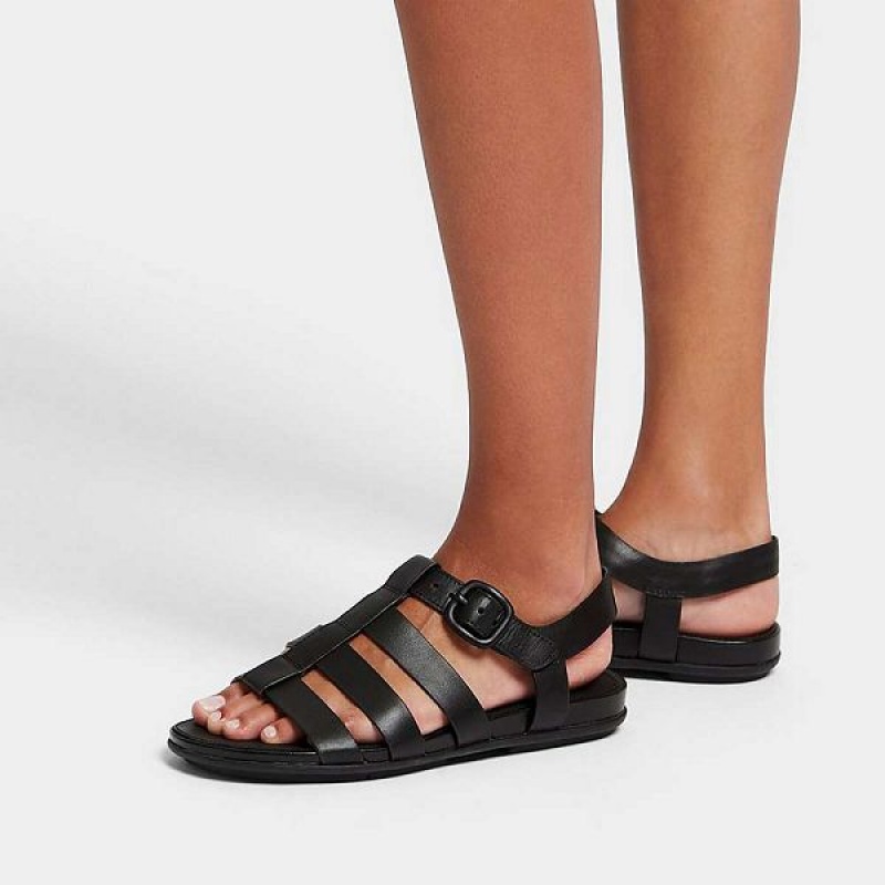 Black Women's FitFlop Gracie Matt Buckle Leather Fisherman Sandals | 395RUMETQ