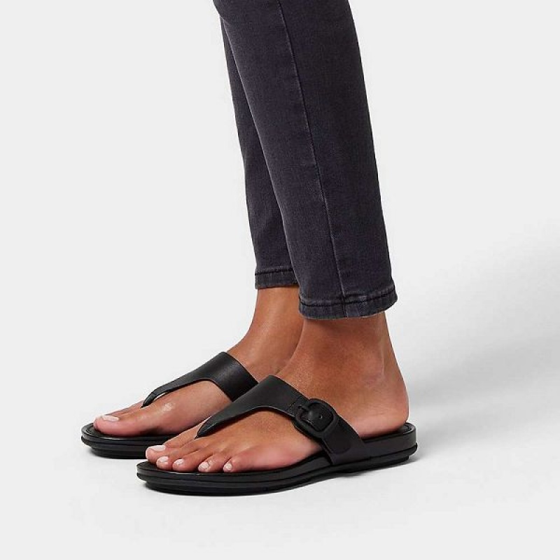 Black Women's FitFlop Gracie Matt Buckle Leather Toe-Post Sandals | 861TSWFVD