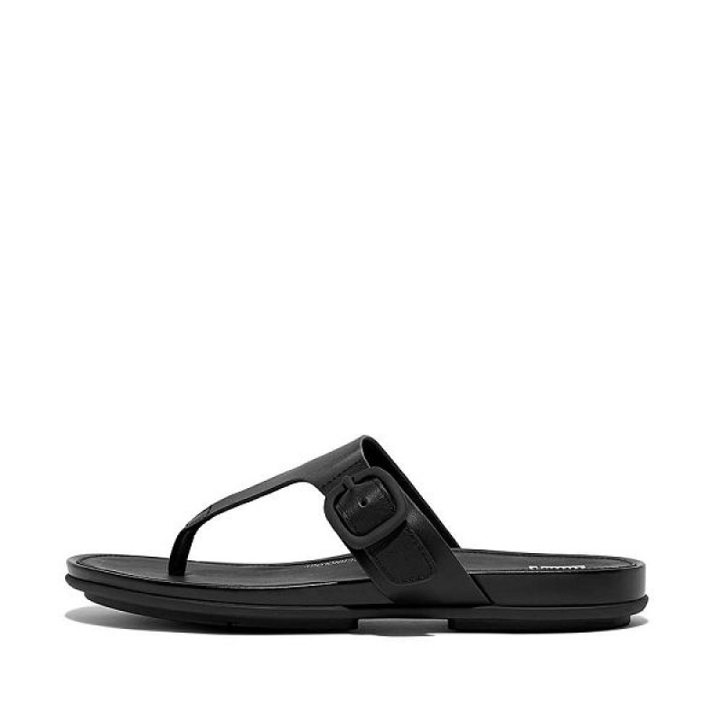 Black Women\'s FitFlop Gracie Matt Buckle Leather Toe-Post Sandals | 861TSWFVD