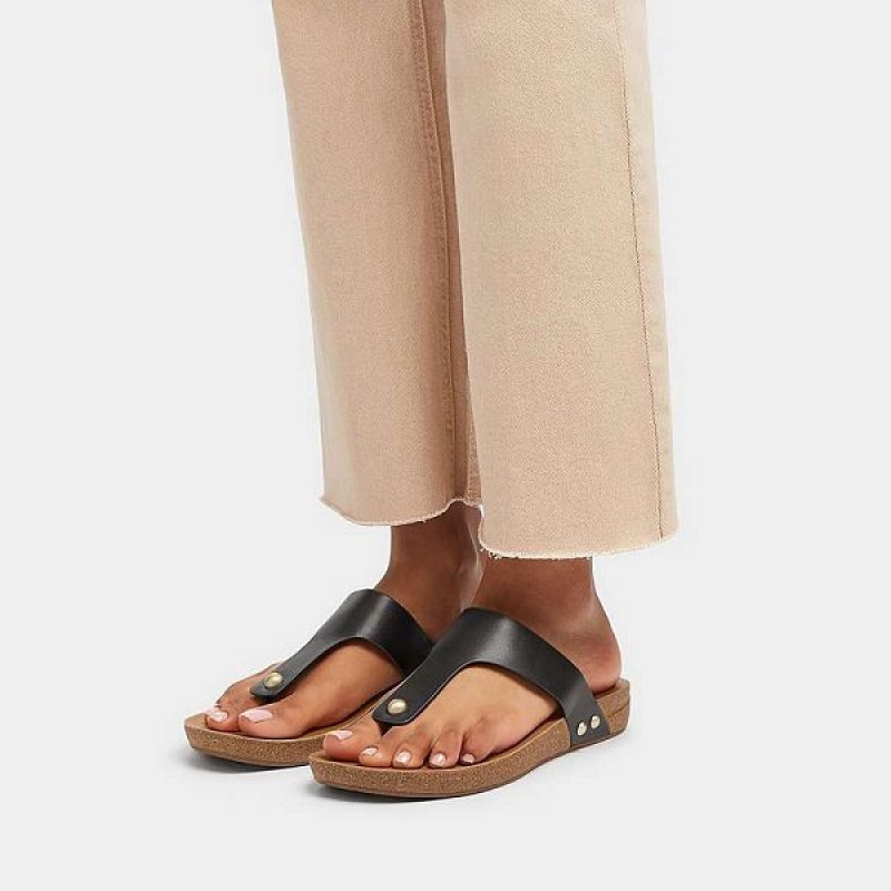 Black Women's FitFlop Iqushion Leather Toe-Post Sandals | 938ZJDVPN