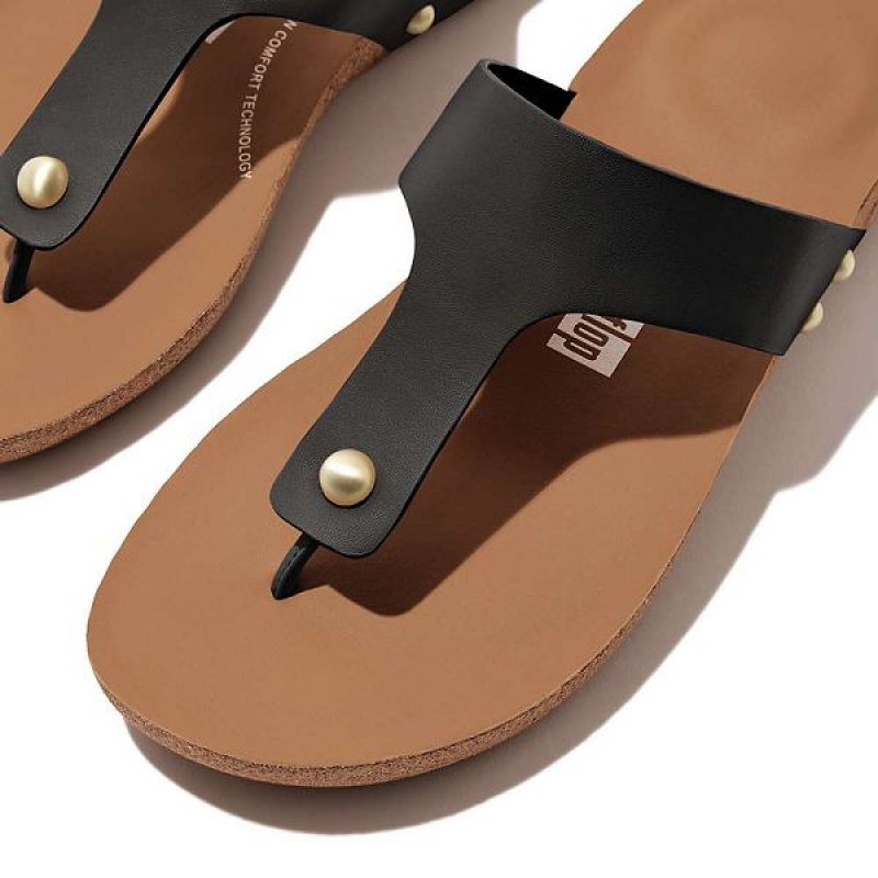 Black Women's FitFlop Iqushion Leather Toe-Post Sandals | 938ZJDVPN