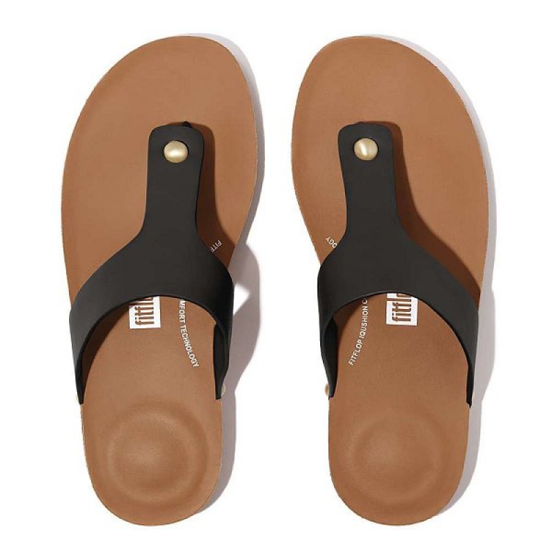 Black Women's FitFlop Iqushion Leather Toe-Post Sandals | 938ZJDVPN