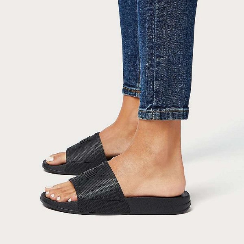 Black Women's FitFlop Iqushion Pool Slides | 715OEZRUD