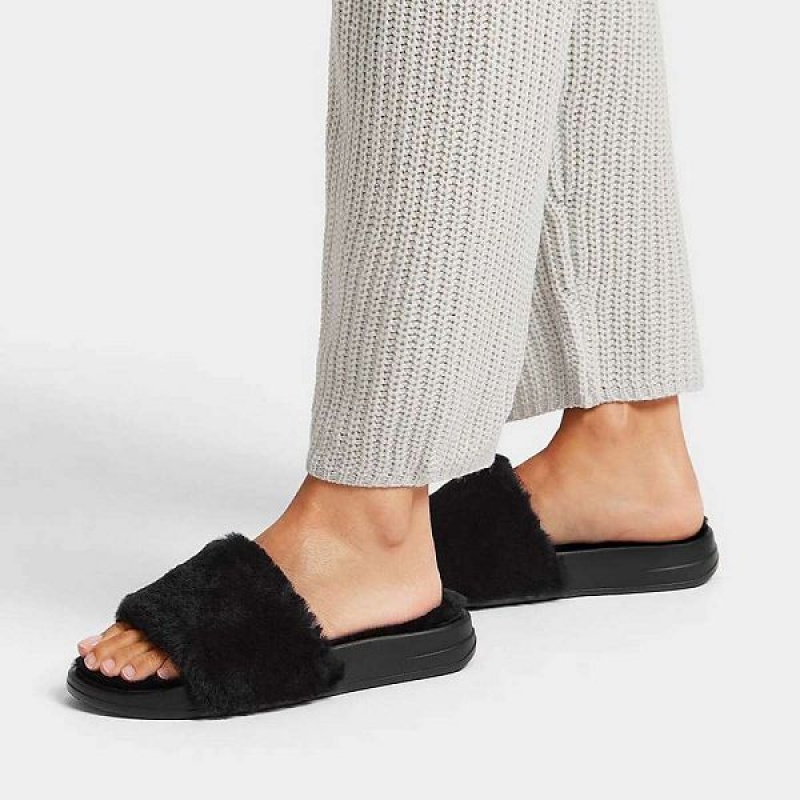 Black Women's FitFlop Iqushion Shearling Slides | 157QXTLKS