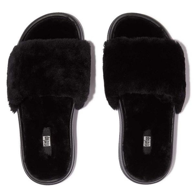 Black Women's FitFlop Iqushion Shearling Slides | 157QXTLKS