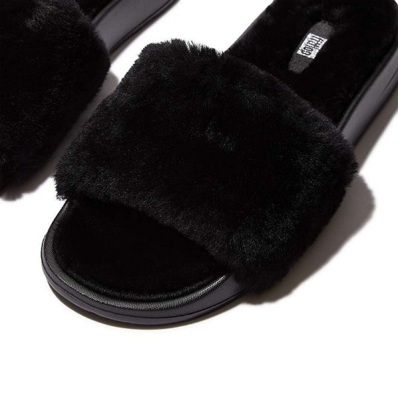 Black Women's FitFlop Iqushion Shearling Slides | 157QXTLKS