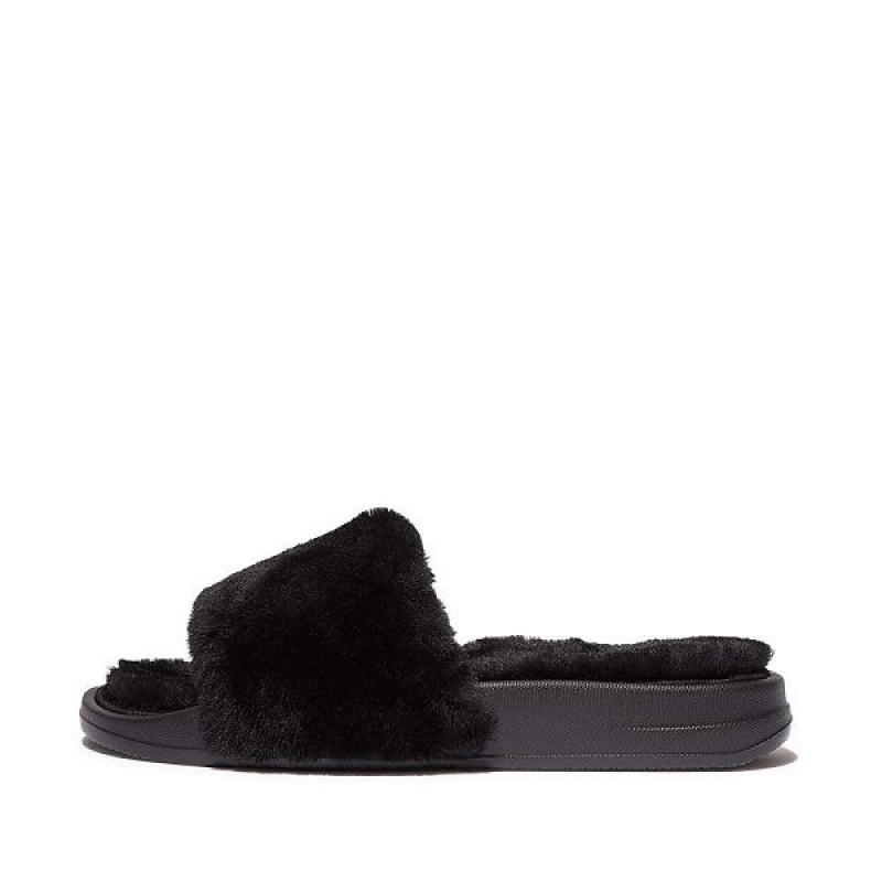 Black Women\'s FitFlop Iqushion Shearling Slides | 157QXTLKS