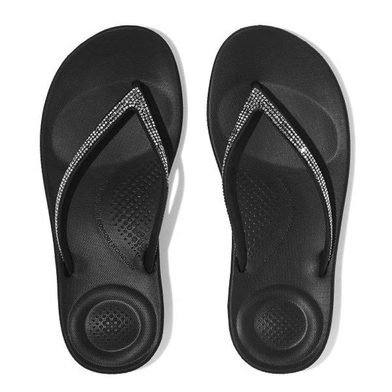 Black Women's FitFlop Iqushion Sparkle Ergonomic Flip Flops | 971AXFQYV