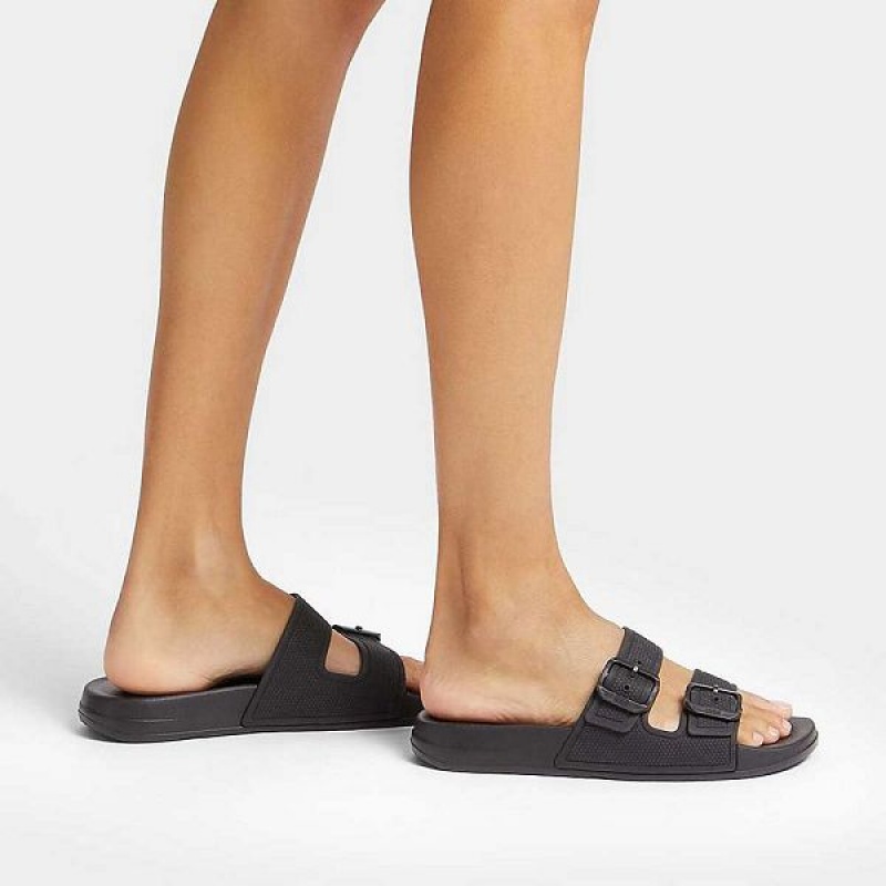 Black Women's FitFlop Iqushion Two Bar Buckle Slides | 548KLJETG