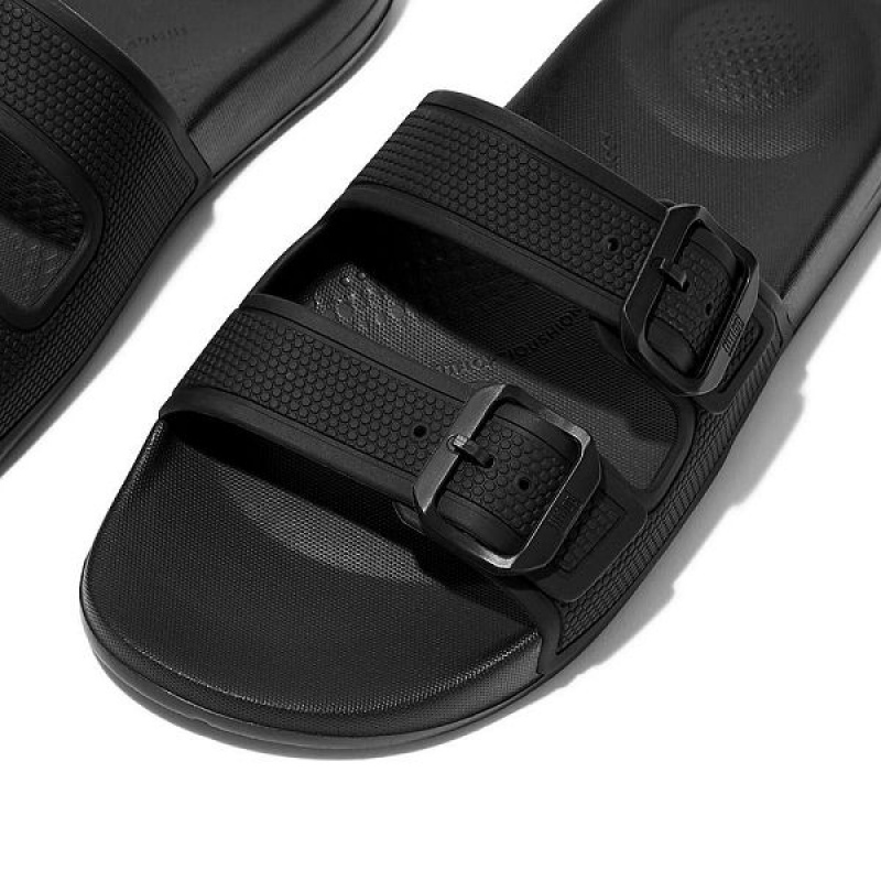 Black Women's FitFlop Iqushion Two Bar Buckle Slides | 548KLJETG