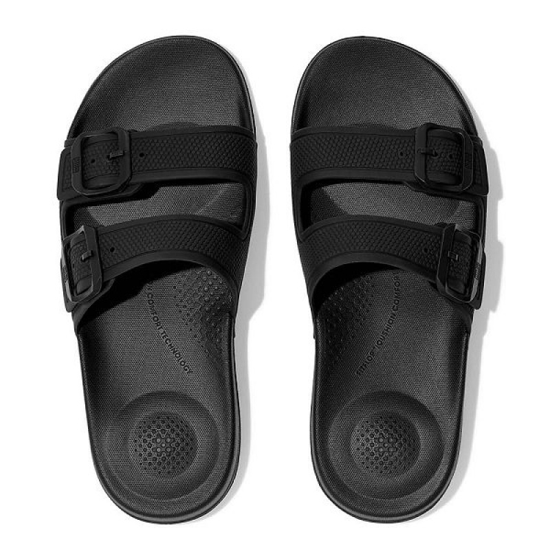 Black Women's FitFlop Iqushion Two Bar Buckle Slides | 548KLJETG