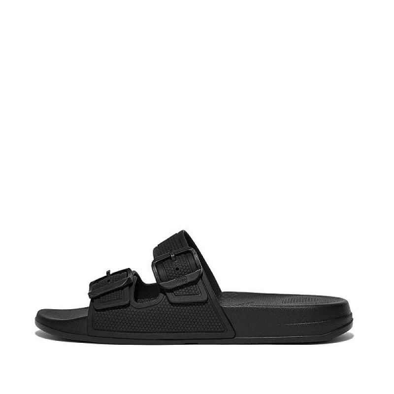 Black Women\'s FitFlop Iqushion Two Bar Buckle Slides | 548KLJETG