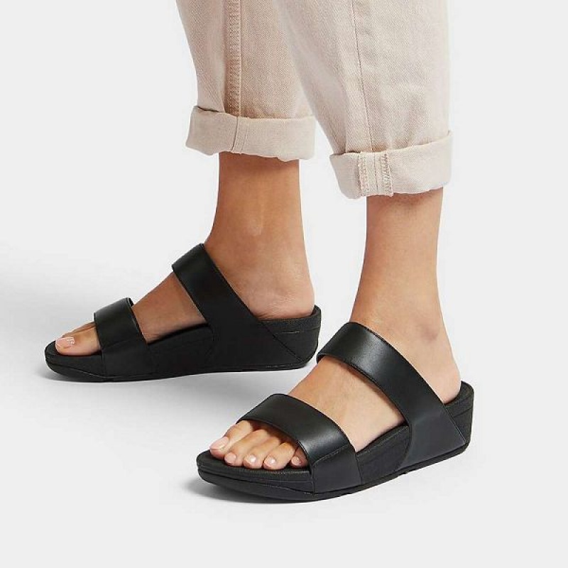 Black Women's FitFlop Lulu Adjustable Leather Slides | 153JYBVLP