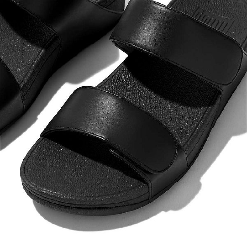 Black Women's FitFlop Lulu Adjustable Leather Slides | 153JYBVLP