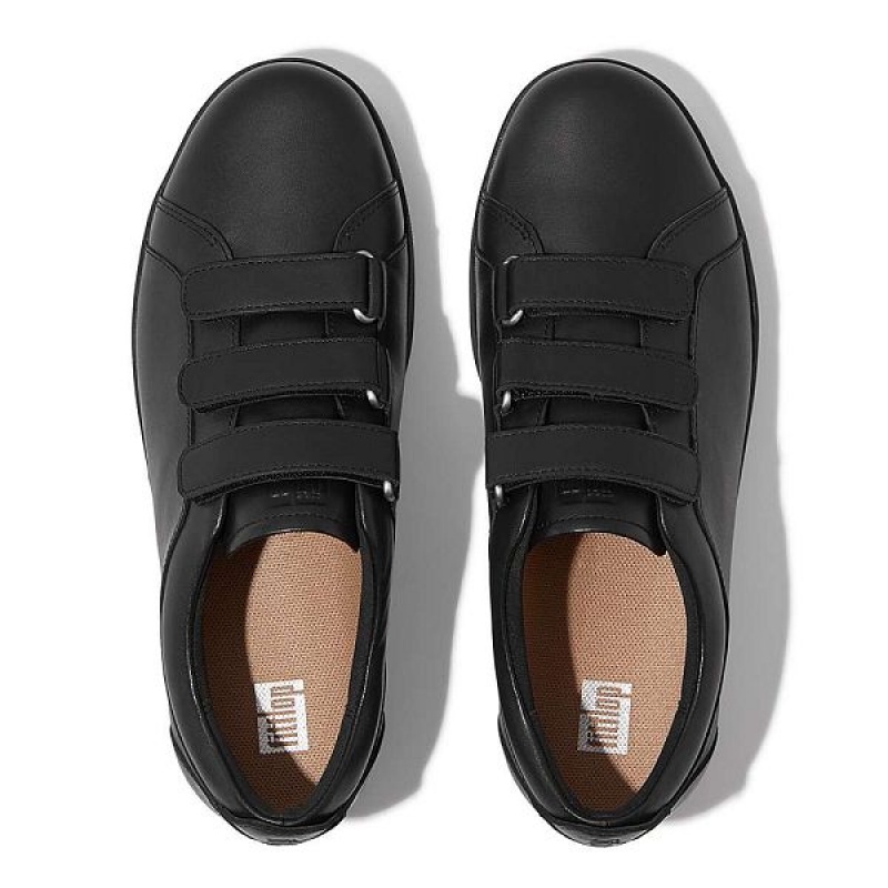 Black Women's FitFlop Rally Leather Strap Sneakers | 739VOYHGK