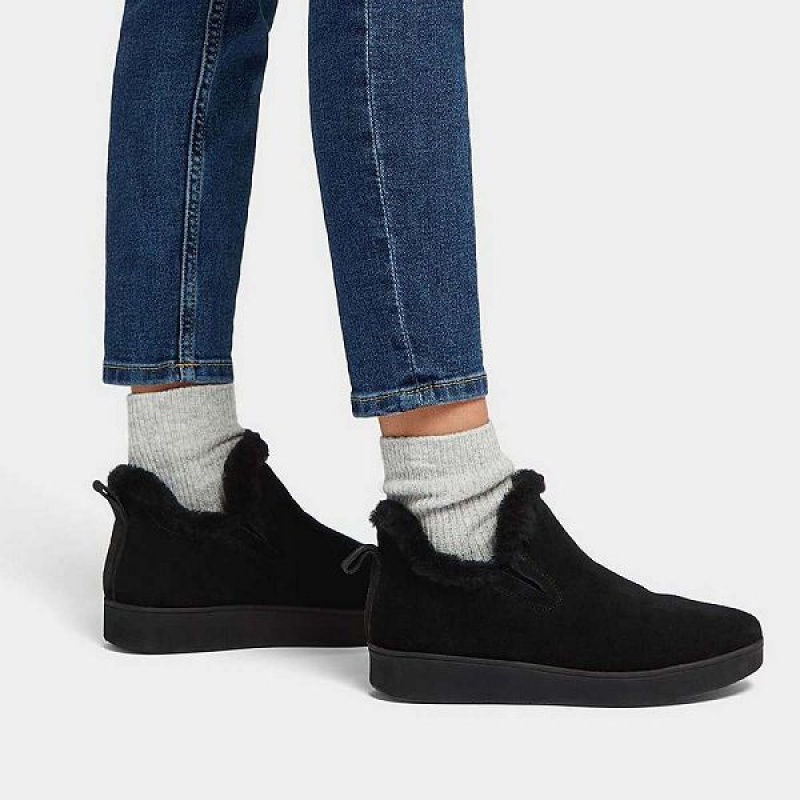 Black Women's FitFlop Rally Shearling Lined Suede Slip On Sneakers | 240XYFPET