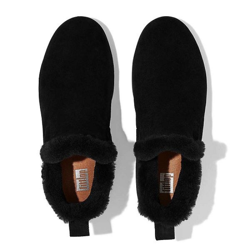 Black Women's FitFlop Rally Shearling Lined Suede Slip On Sneakers | 240XYFPET