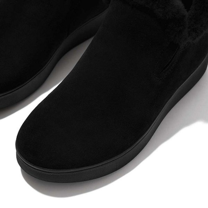 Black Women's FitFlop Rally Shearling Lined Suede Slip On Sneakers | 240XYFPET