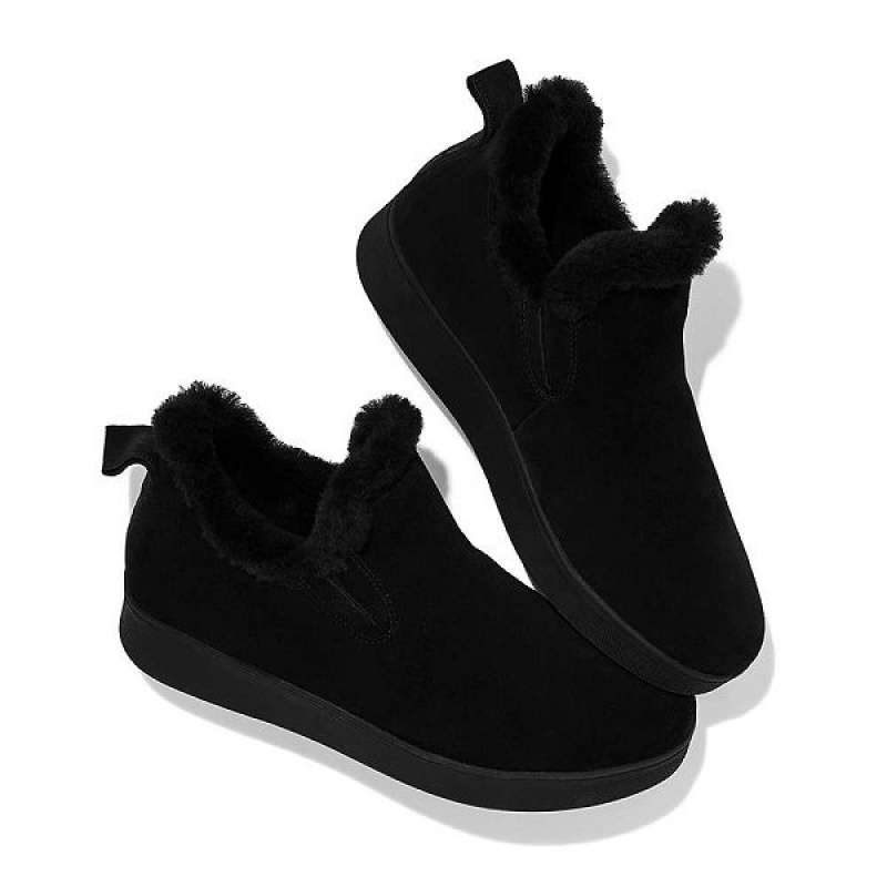 Black Women's FitFlop Rally Shearling Lined Suede Slip On Sneakers | 240XYFPET