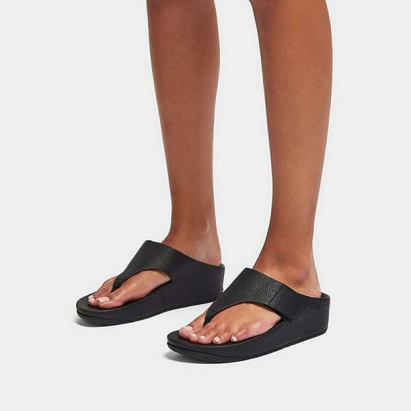 Black Women's FitFlop Shuv Adjustable Raw Edge Tumbled Leather Toe-Post Sandals | 528UXTMFD