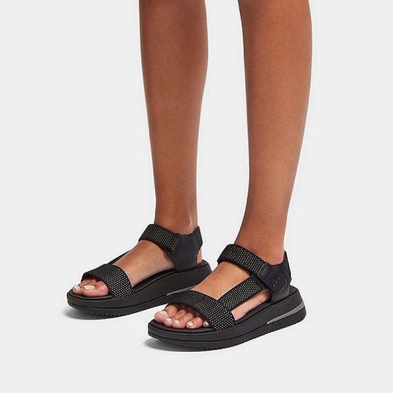 Black Women's FitFlop Surff Two Tone Sports Webbing Leather Back-Strap Sandals | 936OUKAJD