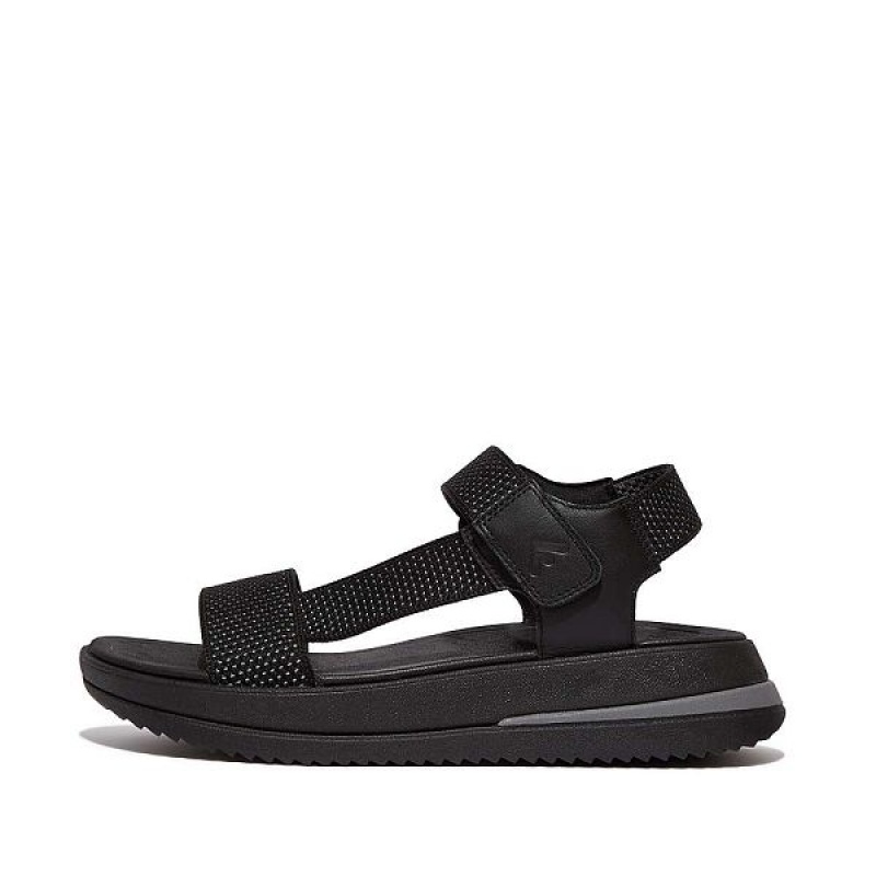 Black Women\'s FitFlop Surff Two Tone Sports Webbing Leather Back-Strap Sandals | 936OUKAJD