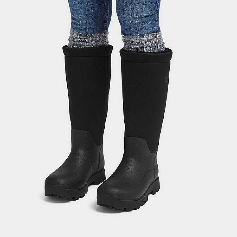 Black Women's FitFlop Wonderwelly Atb High Performance Fleece Lined Roll Down Wellington Rain Boots | 289ZSKITW