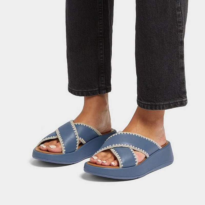 Blue Women's FitFlop F-Mode Leather Flatform Cross Slides | 426SCNMPI