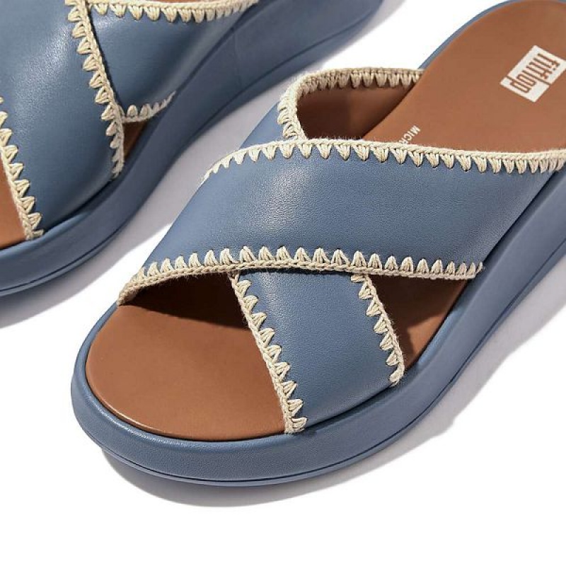 Blue Women's FitFlop F-Mode Leather Flatform Cross Slides | 426SCNMPI