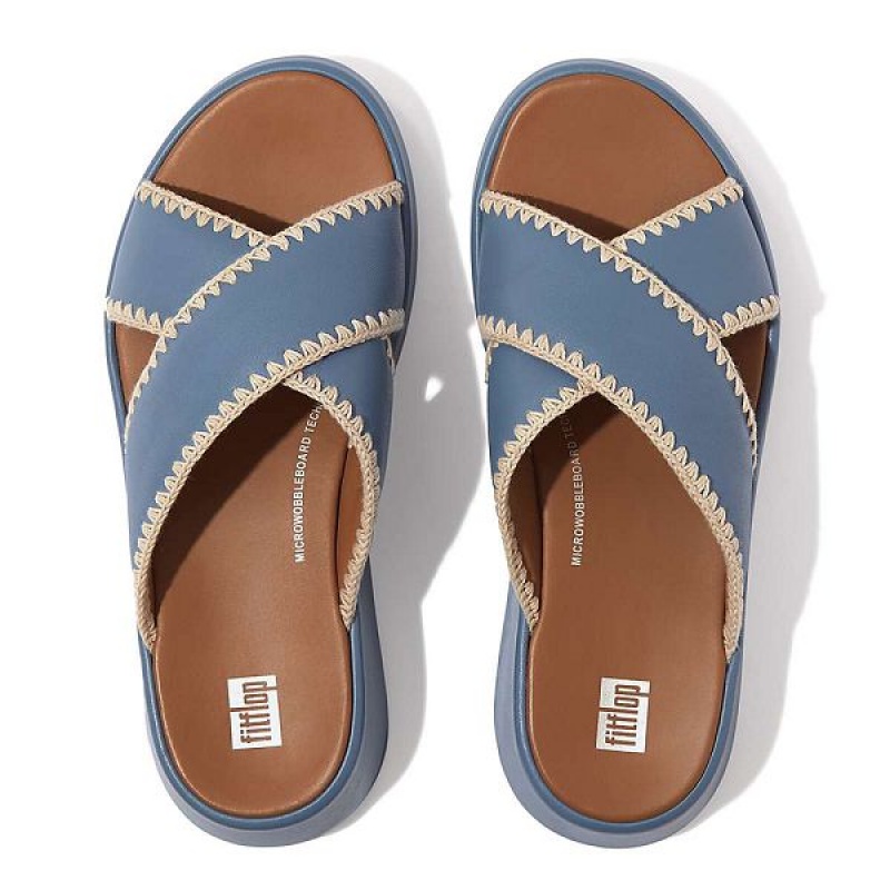 Blue Women's FitFlop F-Mode Leather Flatform Cross Slides | 426SCNMPI