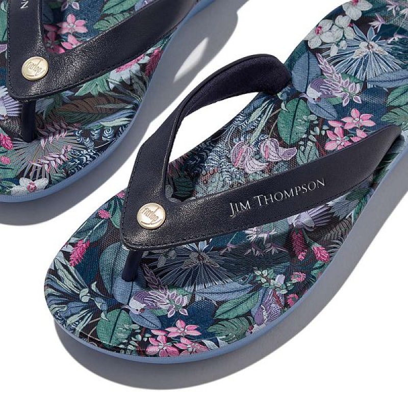 Blue Women's FitFlop Iqushion X Jim Thompson Limited Edition Leather Flip Flops | 172GIYEOU