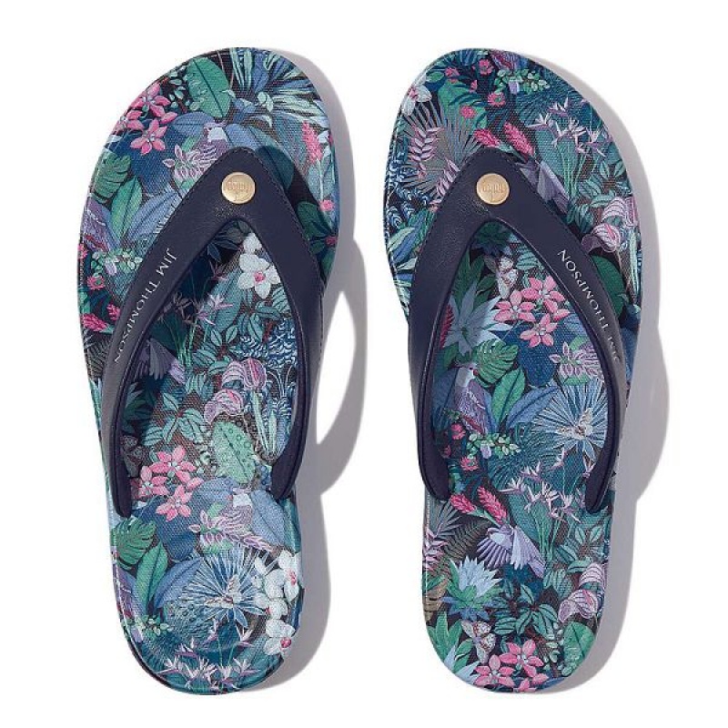 Blue Women's FitFlop Iqushion X Jim Thompson Limited Edition Leather Flip Flops | 172GIYEOU