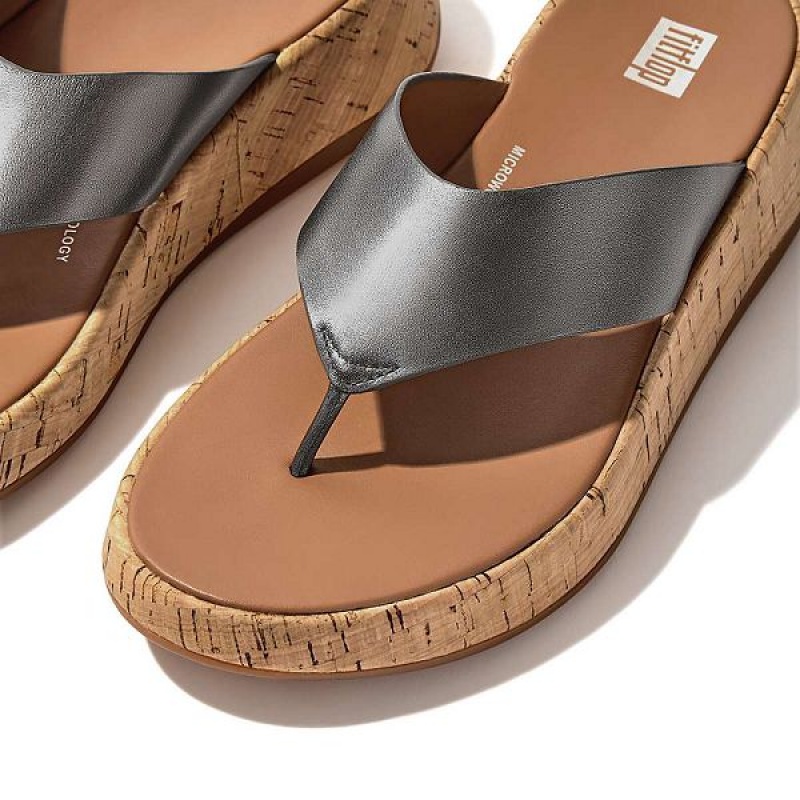 Blue / Grey Women's FitFlop F-Mode Metallic Leather Cork Flatform Toe-Post Sandals | 810UAJLOF