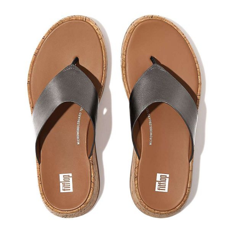 Blue / Grey Women's FitFlop F-Mode Metallic Leather Cork Flatform Toe-Post Sandals | 810UAJLOF