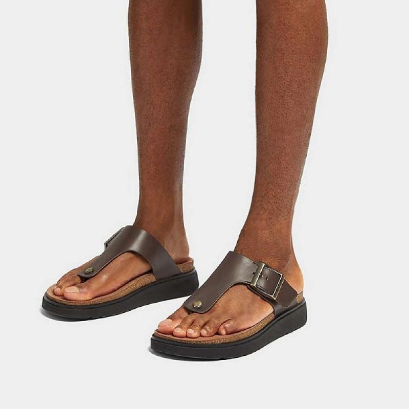 Brown Men's FitFlop Gen-Ff Buckle Leather Toe-Post Sandals | 095QEBWFJ